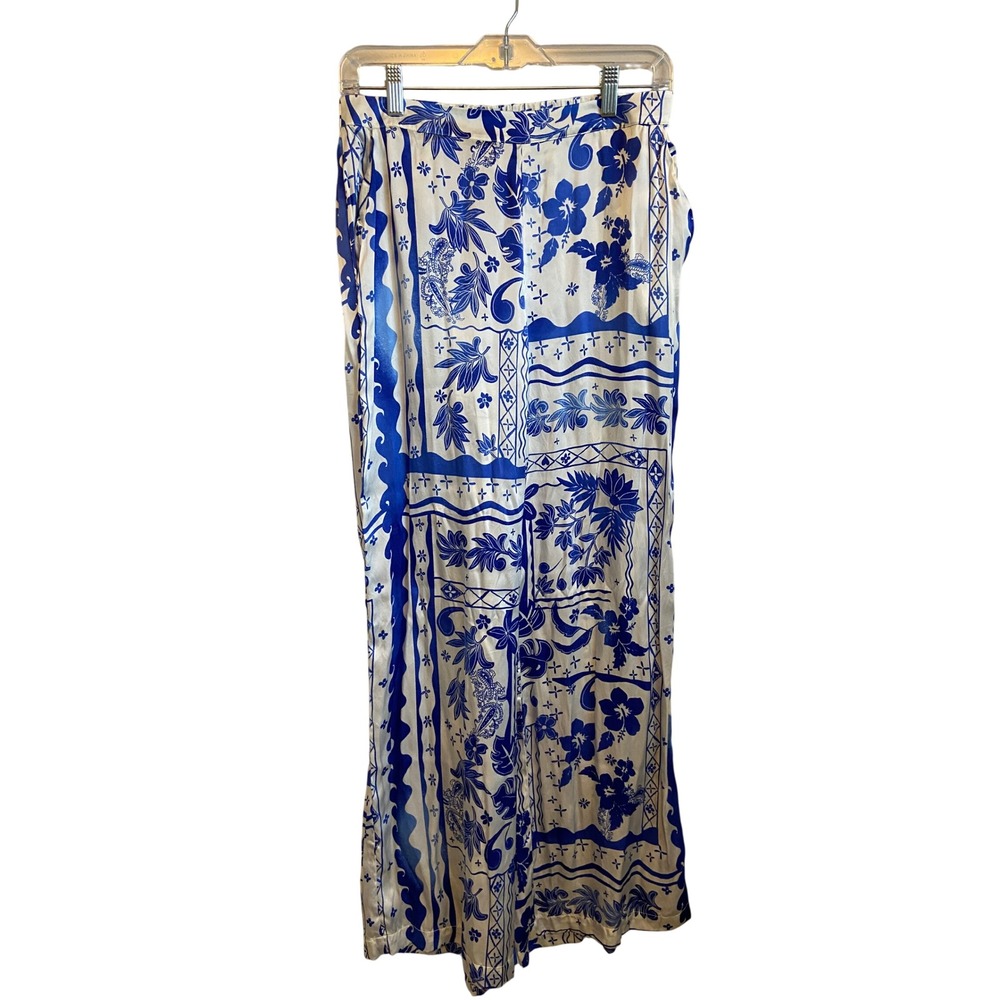 Joie Silk Wide Leg Pants Blue White Botanical Floral Tile Print Size M